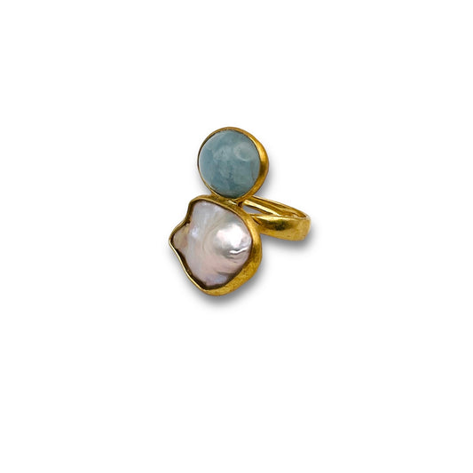 Anello con Perla coltivata e Acquamarina