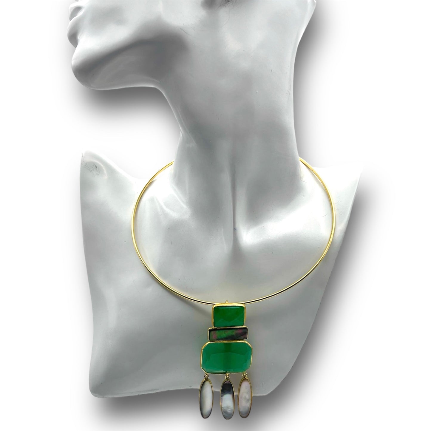 Spilla/Ciondolo in Argento Dorato con Agata Verde e Madreperla