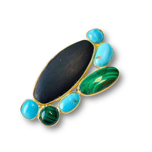 Spilla/Ciondolo in Argento Dorato con Turchese, Ebano e Malachite