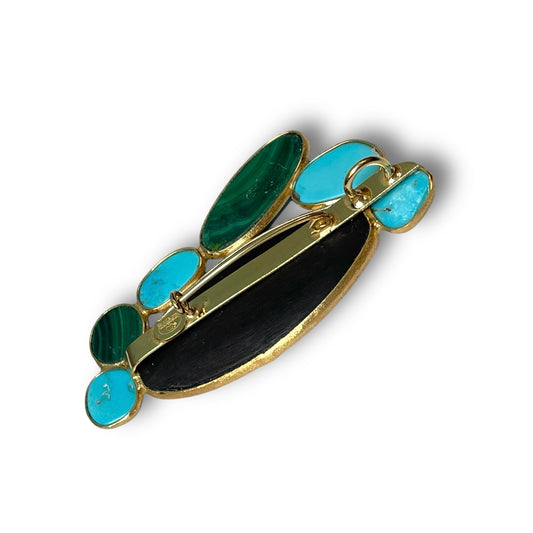 Spilla/Ciondolo in Argento Dorato con Turchese, Ebano e Malachite