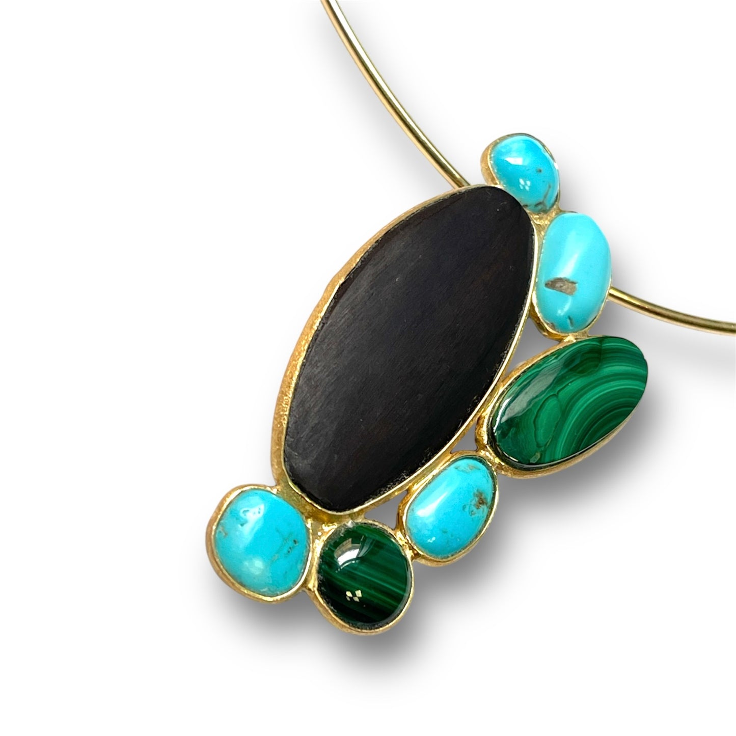 Spilla/Ciondolo in Argento Dorato con Turchese, Ebano e Malachite