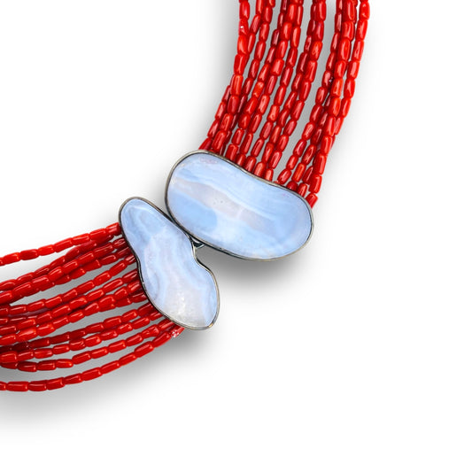 Collier Multifilo con Corallo e Calcedonio