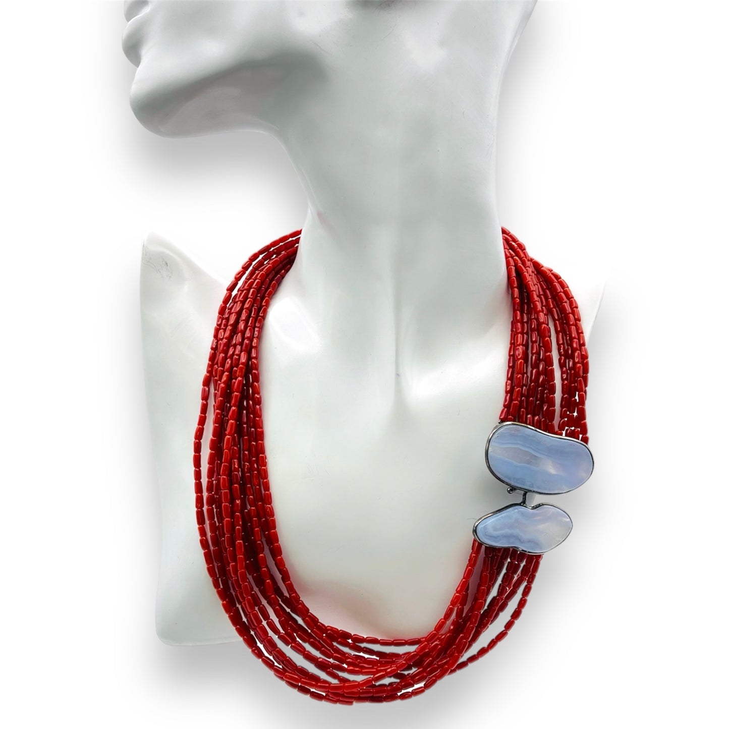 Collier Multifilo con Corallo e Calcedonio