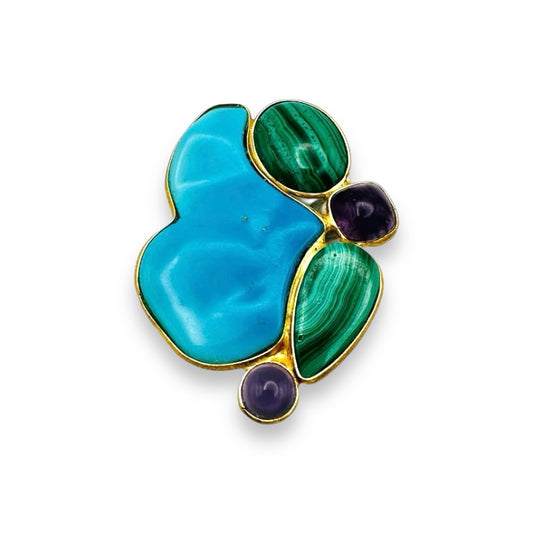 Spilla/Ciondolo in Argento Dorato con Turchese, Malachite e Ametista