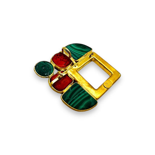 Spilla/Ciondolo in Argento Dorato con Corallo e Malachite