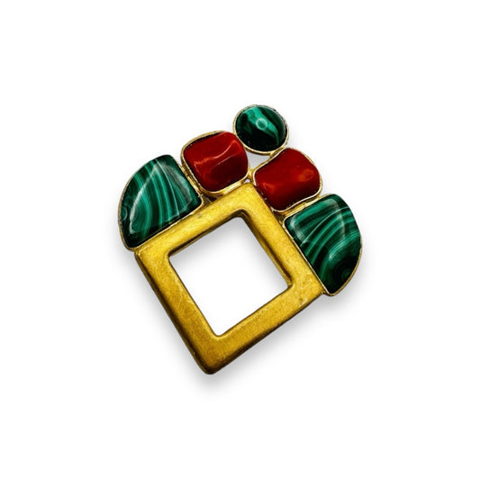 Spilla/Ciondolo in Argento Dorato con Corallo e Malachite