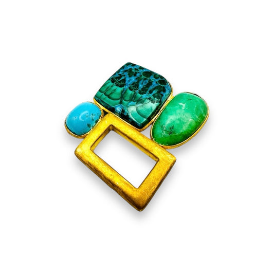 Spilla/Ciondolo in Argento Dorato con Crisomalachite,Turchese e Crisoprasio
