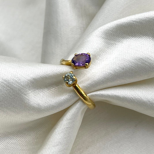 Anello ANDROMEDA in Argento Dorato -AMETISTA E TOPAZIO AZZURRO