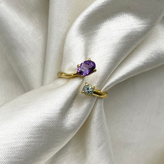 Anello ANDROMEDA in Argento Dorato -AMETISTA E TOPAZIO AZZURRO