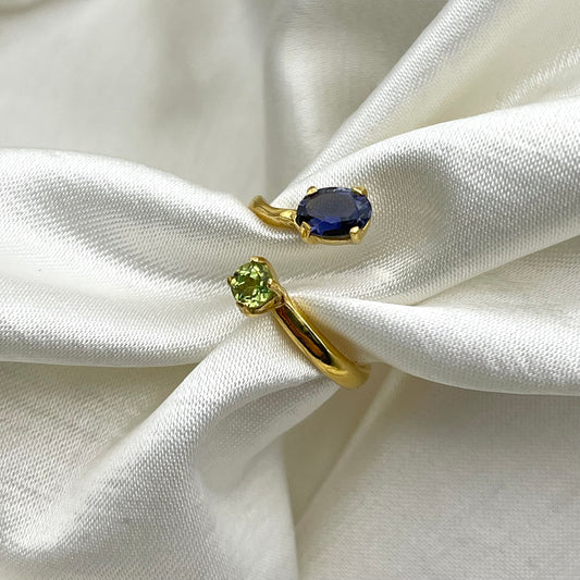Anello ANDROMEDA in Argento Dorato -IOLITE E PERIDOTO