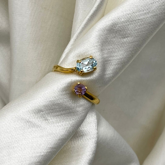 Anello ANDROMEDA in Argento Dorato -TOPAZIO AZZURRO E AMETISTA LIGHT