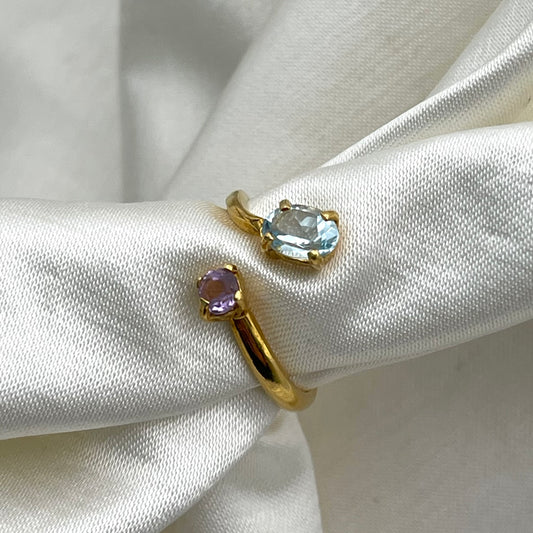 Anello ANDROMEDA in Argento Dorato -TOPAZIO AZZURRO E AMETISTA LIGHT