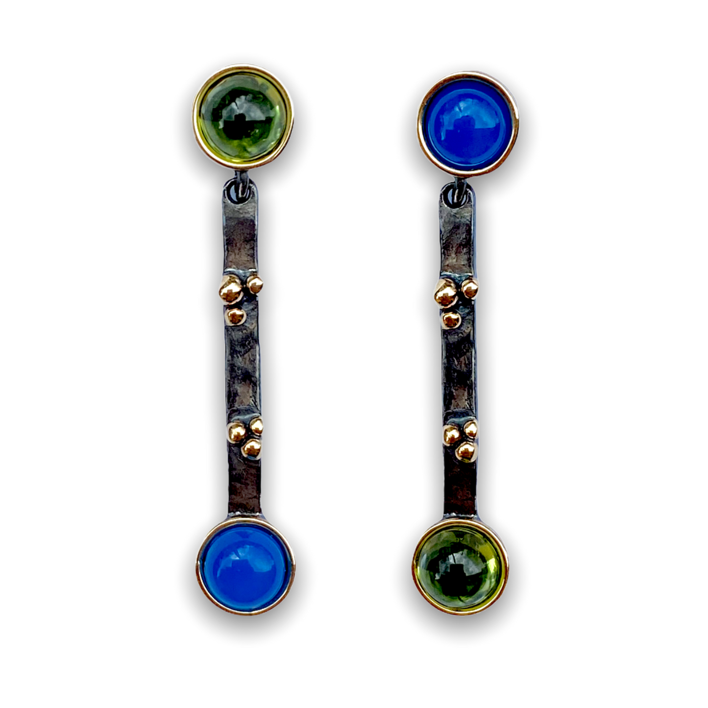 Orecchini "Chimera" in Argento Nero, Oro 9Kt e Pietre Naturali