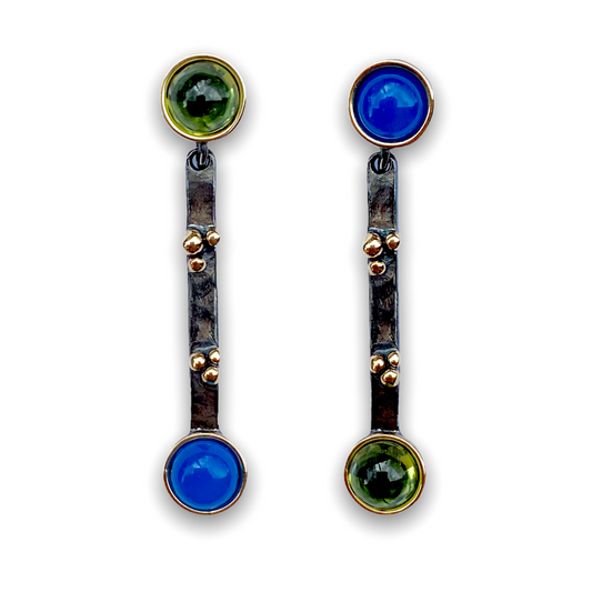 Orecchini "Chimera" in Argento Nero, Oro 9Kt e Pietre Naturali