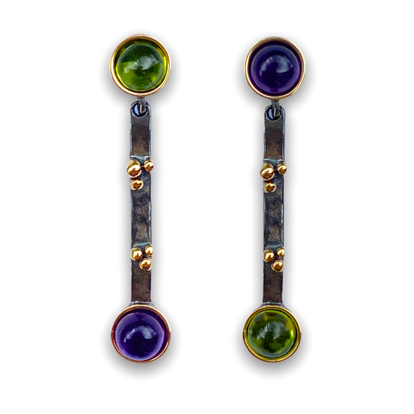 Orecchini "Chimera" in Argento Nero, Oro 9Kt e Pietre Naturali