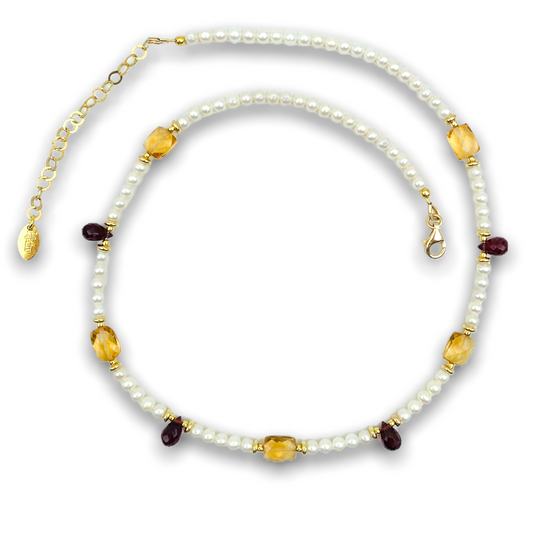 Collana "Andromeda Briolette" in Argento Dorato 925, Citrino e Granato