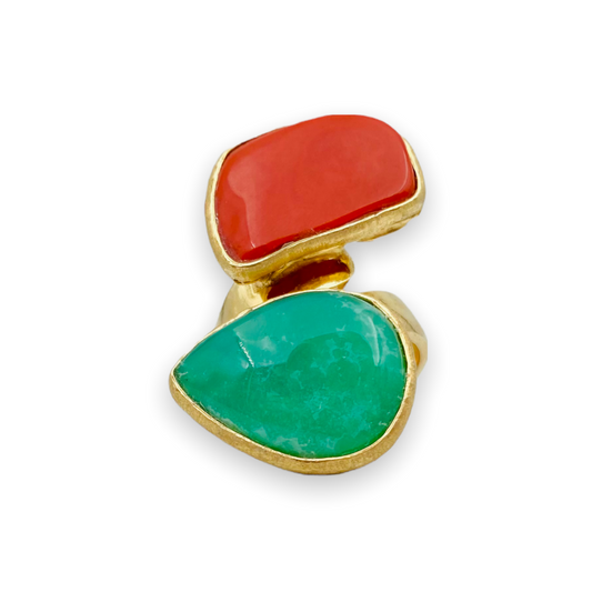 Anello in argento dorato 925 con Corallo e Crisoprasio