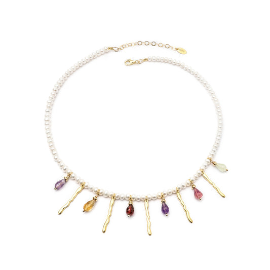 Collana "Andromeda Rigoli" in Argento Dorato 925, Perle e Pietre Naturali